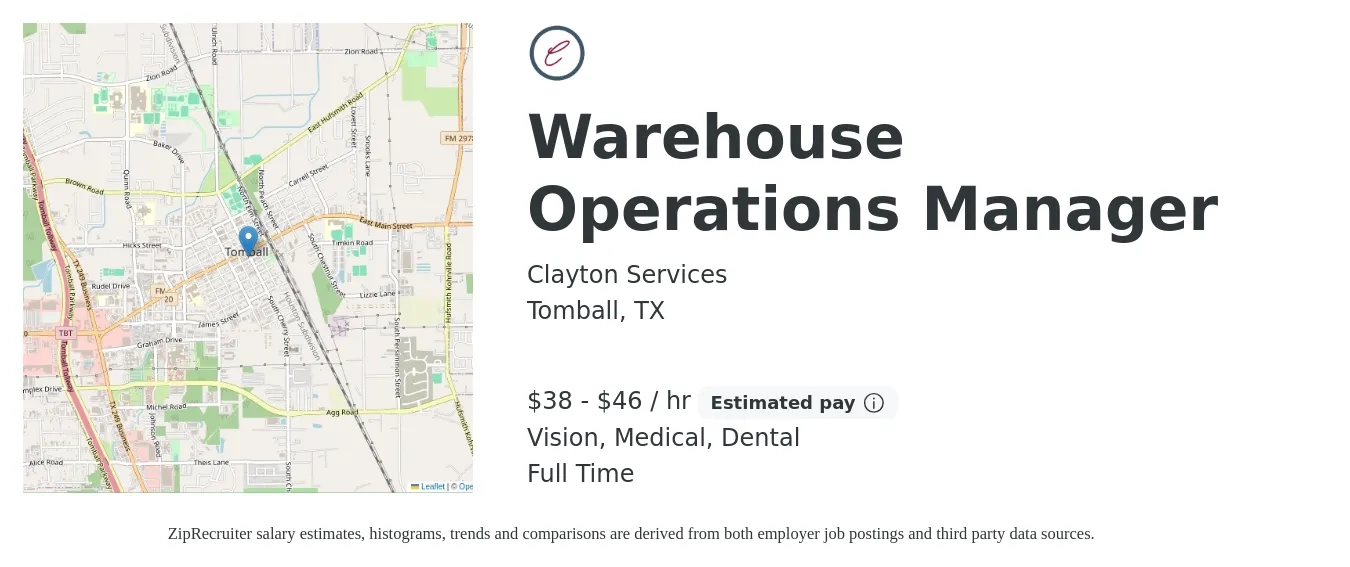 Clayton Services job posting for a Warehouse Operations Manager in Tomball, TX with a salary of $40 to $48 Hourly and benefits including dental, life_insurance, medical, pto, retirement, and vision with a map of Tomball location.