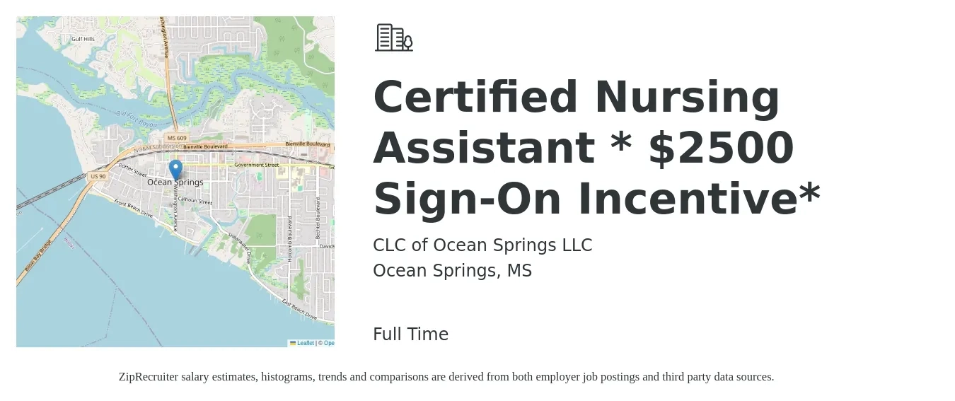 CLC of Ocean Springs LLC job posting for a Certified Nursing Assistant * $2500 Sign-On Incentive* in Ocean Springs, MS with a salary of $14 to $18 Hourly with a map of Ocean Springs location.