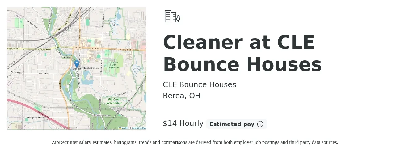 CLE Bounce Houses job posting for a Cleaner at CLE Bounce Houses in Berea, OH with a salary of $15 Hourly with a map of Berea location.
