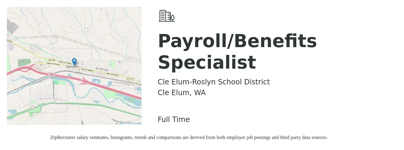 Cle Elum-Roslyn School District job posting for a Payroll / Benefits Specialist in Cle Elum, WA with a salary of $62,500 to $71,532 Yearly with a map of Cle Elum location.