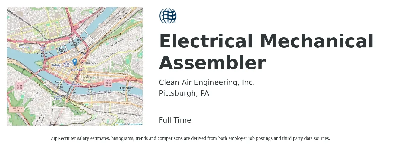 Clean Air Engineering, Inc. job posting for a Electrical Mechanical Assembler in Pittsburgh, PA with a salary of $18 to $22 Hourly with a map of Pittsburgh location.