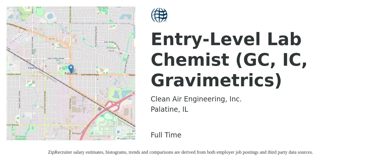 Clean Air Engineering, Inc. job posting for a Entry-Level Lab Chemist (GC, IC, Gravimetrics) in Palatine, IL with a salary of $22 to $30 Hourly with a map of Palatine location.