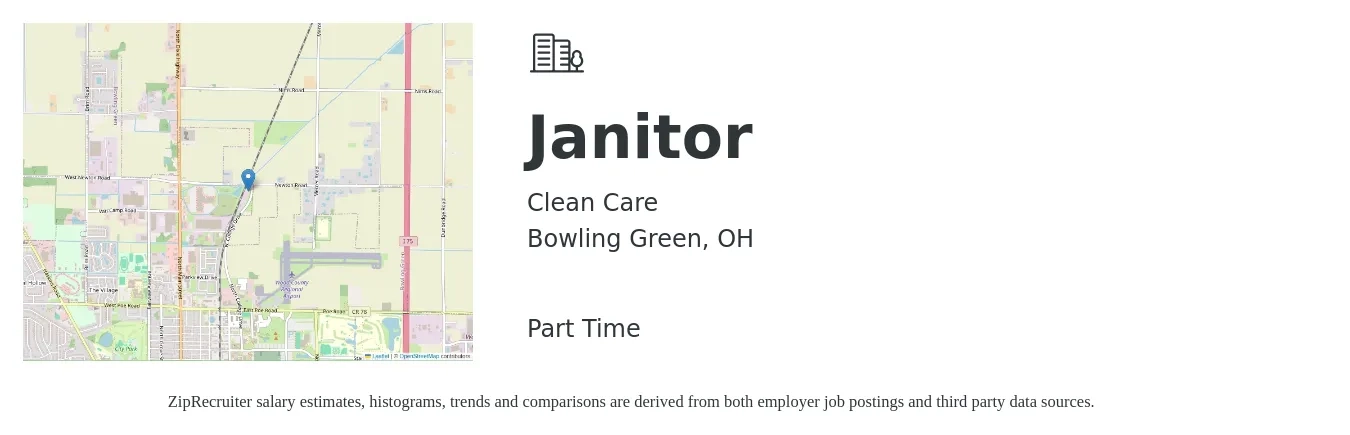 Clean Care job posting for a Janitor in Bowling Green, OH with a salary of $13 to $17 Hourly with a map of Bowling Green location.