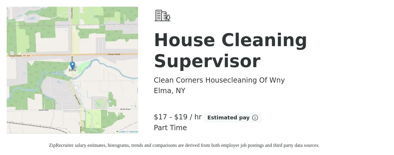 Clean Corners Housecleaning Of Wny job posting for a House Cleaning Supervisor in Elma, NY with a salary of $18 to $20 Hourly and benefits including pto, and retirement with a map of Elma location.