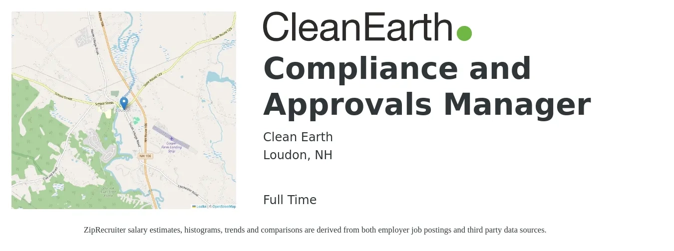 Clean Earth job posting for a Compliance and Approvals Manager in Loudon, NH with a salary of $70,300 to $117,100 Yearly with a map of Loudon location.