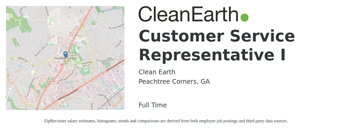 Clean Earth job posting for a Customer Service Representative I in Peachtree Corners, GA with a salary of $15 to $20 Hourly with a map of Peachtree Corners location.