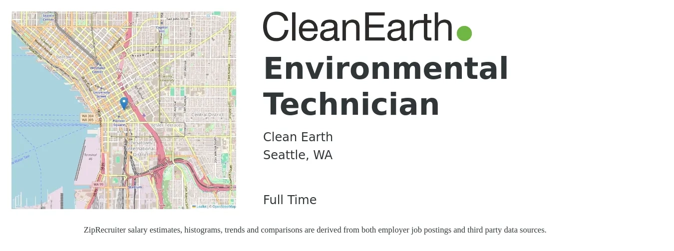 Clean Earth job posting for a Environmental Technician in Seattle, WA with a salary of $55,000 Yearly with a map of Seattle location.