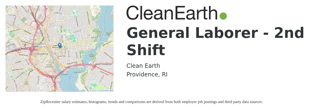 Clean Earth job posting for a General Laborer - 2nd Shift in Providence, RI with a salary of $16 to $20 Hourly with a map of Providence location.