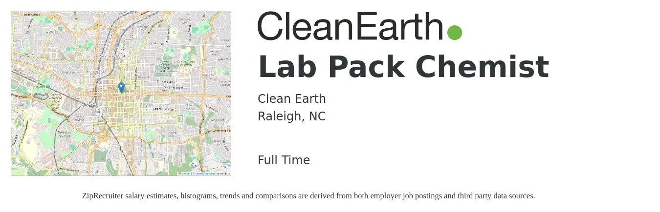 Clean Earth job posting for a Lab Pack Chemist in Raleigh, NC with a salary of $65,500 to $93,600 Yearly with a map of Raleigh location.