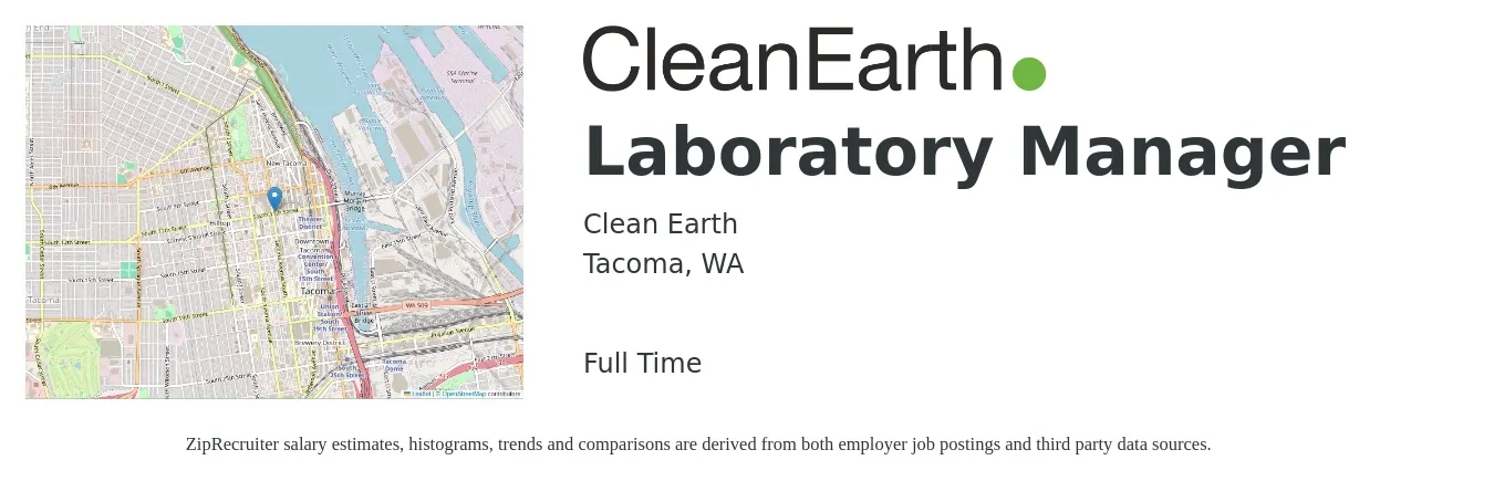 Clean Earth job posting for a Laboratory Manager in Tacoma, WA with a salary of $74,700 to $118,500 Yearly with a map of Tacoma location.
