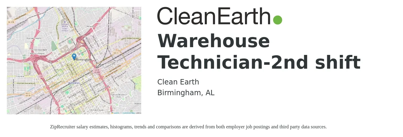 Clean Earth job posting for a Warehouse Technician-2nd shift in Birmingham, AL with a salary of $16 to $20 Hourly with a map of Birmingham location.