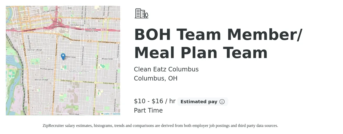 Clean Eatz Columbus job posting for a BOH Team Member/ Meal Plan Team in Columbus, OH with a salary of $11 to $17 Hourly with a map of Columbus location.