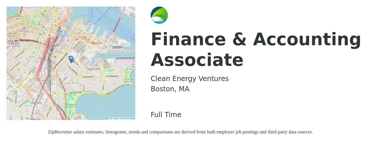Clean Energy Ventures job posting for a Finance & Accounting Associate in Boston, MA with a salary of $54,300 to $83,700 Yearly with a map of Boston location.