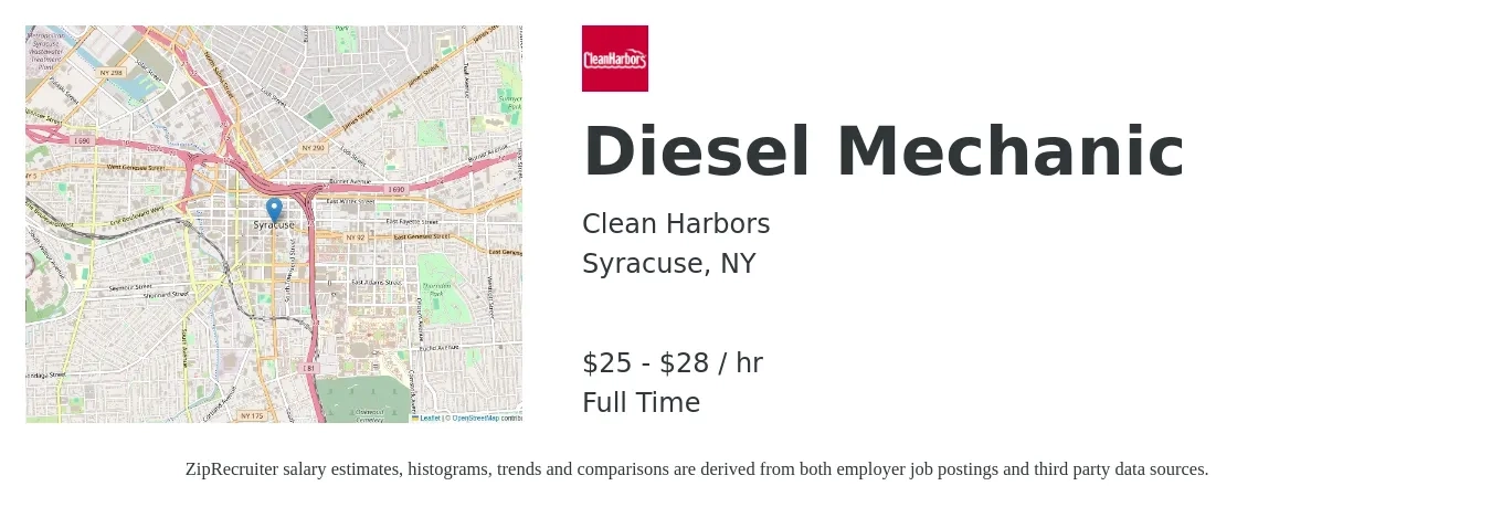 Clean Harbors job posting for a Diesel Mechanic in Syracuse, NY with a salary of $26 to $30 Hourly with a map of Syracuse location.