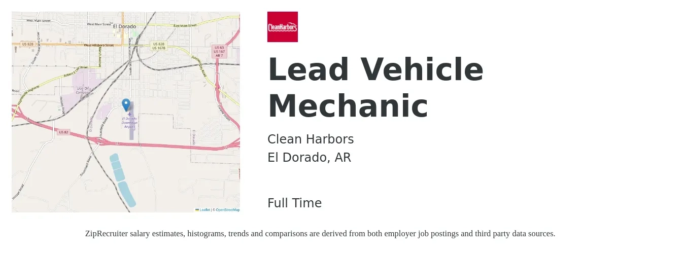 Clean Harbors job posting for a Lead Vehicle Mechanic in El Dorado, AR with a salary of $24 to $31 Hourly with a map of El Dorado location.