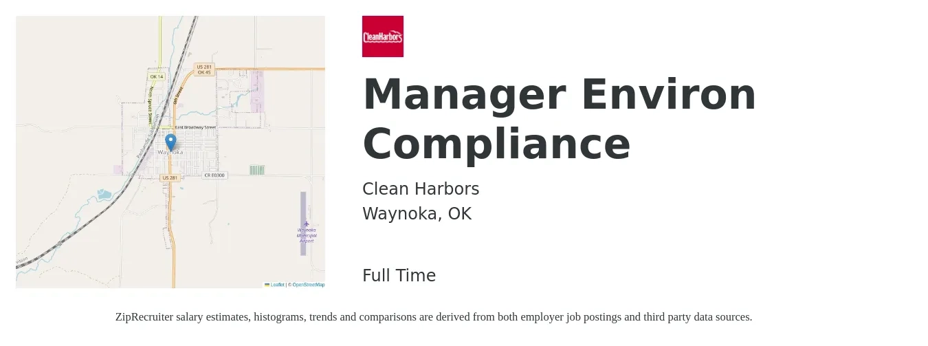 Clean Harbors job posting for a Manager Environ Compliance in Waynoka, OK with a salary of $62,300 to $97,800 Yearly with a map of Waynoka location.