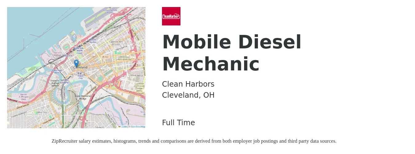 Clean Harbors job posting for a Mobile Diesel Mechanic in Cleveland, OH with a salary of $24 to $32 Hourly with a map of Cleveland location.
