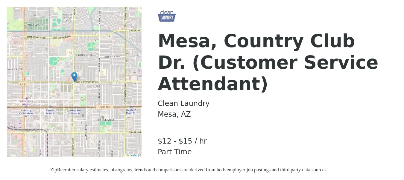 Clean Laundry job posting for a Mesa, Country Club Dr. (Customer Service Attendant) in Mesa, AZ with a salary of $14 to $16 Hourly with a map of Mesa location.