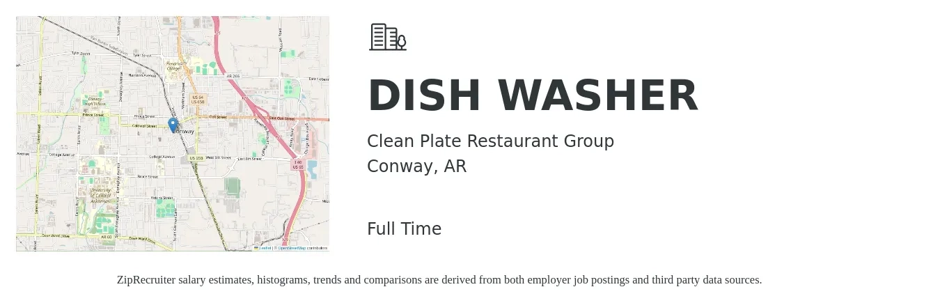 Clean Plate Restaurant Group job posting for a DISH WASHER in Conway, AR with a salary of $12 to $15 Hourly with a map of Conway location.