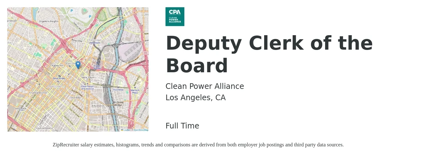 Clean Power Alliance job posting for a Deputy Clerk of the Board in Los Angeles, CA with a salary of $37,200 to $55,000 Yearly with a map of Los Angeles location.