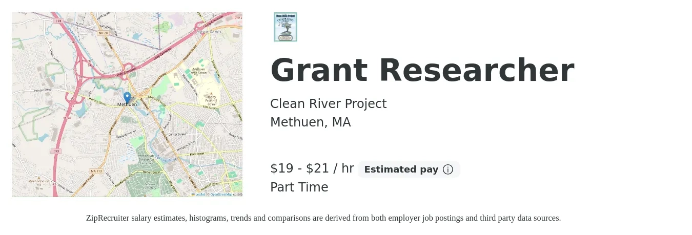 Clean River Project job posting for a Grant Researcher in Methuen, MA with a salary of $20 to $22 Hourly with a map of Methuen location.