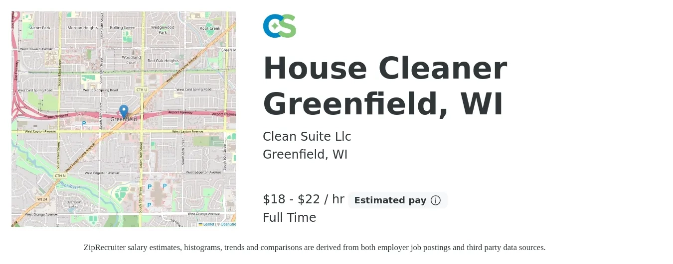 Clean Suite Llc job posting for a House Cleaner Greenfield, WI in Greenfield, WI with a salary of $19 to $23 Hourly with a map of Greenfield location.