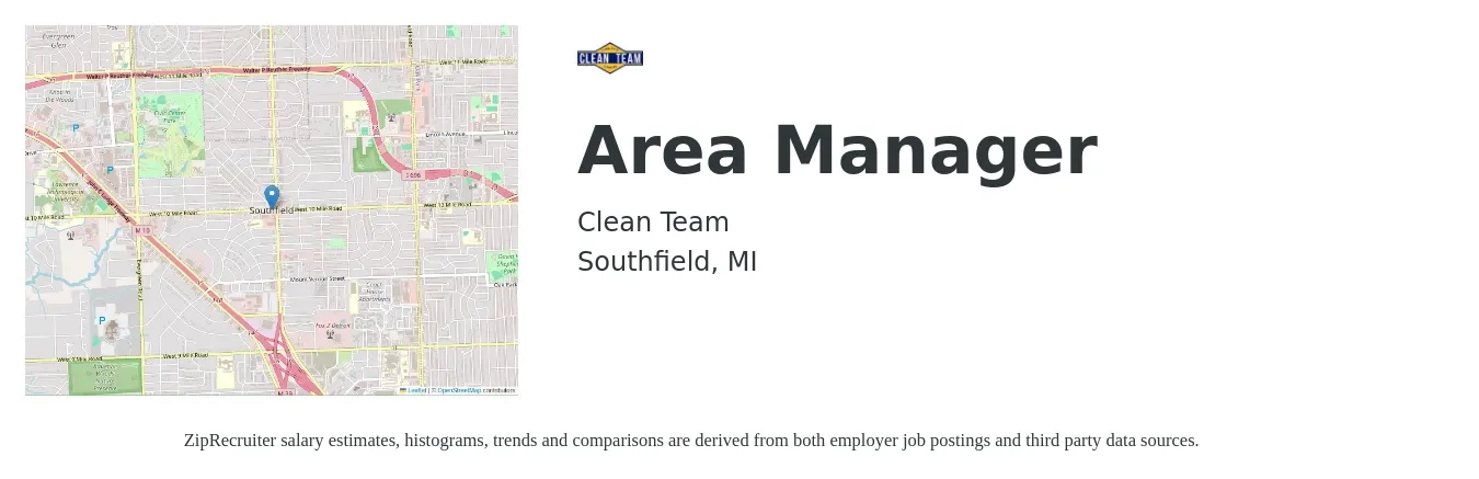 Clean Team job posting for a Area Manager in Southfield, MI with a salary of $35,300 to $65,600 Yearly with a map of Southfield location.