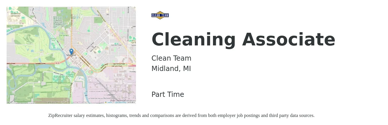 Clean Team job posting for a Cleaning Associate in Midland, MI with a salary of $12 to $15 Hourly with a map of Midland location.