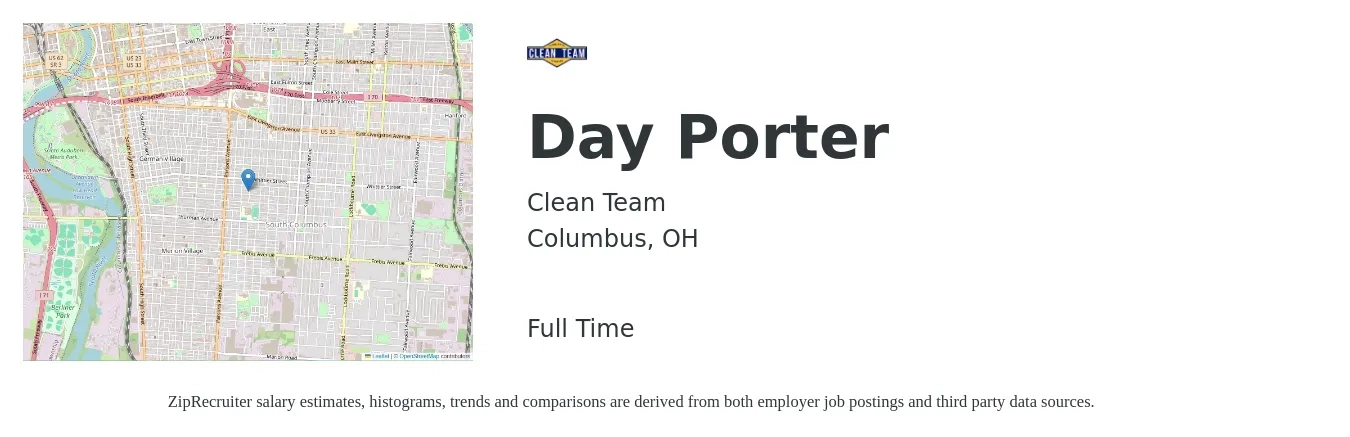 Clean Team job posting for a Day Porter in Columbus, OH with a salary of $14 to $17 Hourly with a map of Columbus location.