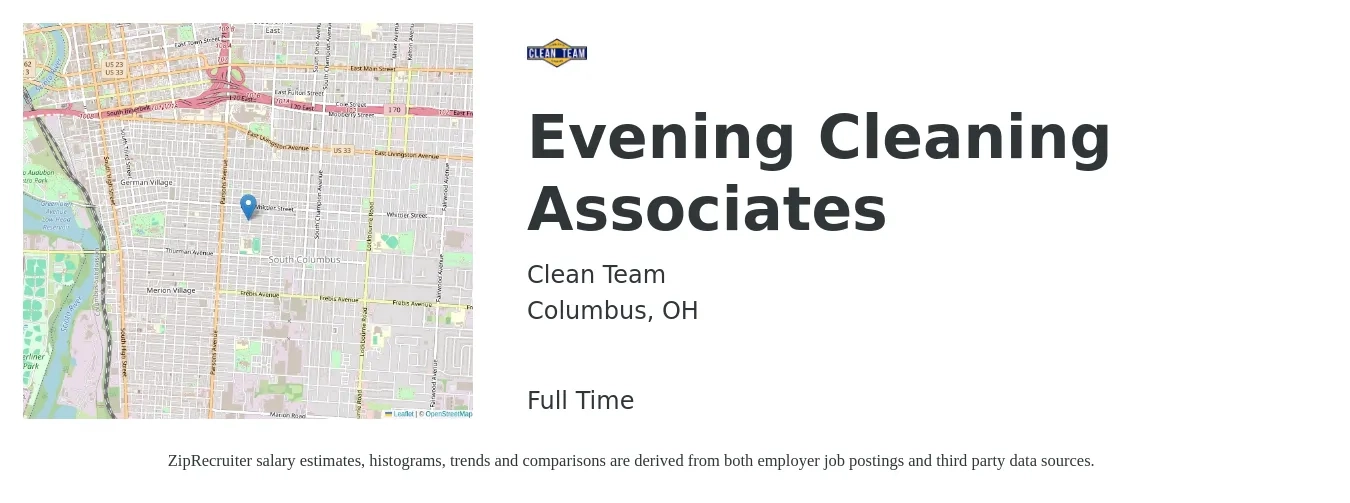 Clean Team job posting for a Evening Cleaning Associates in Columbus, OH with a salary of $14 to $17 Hourly with a map of Columbus location.
