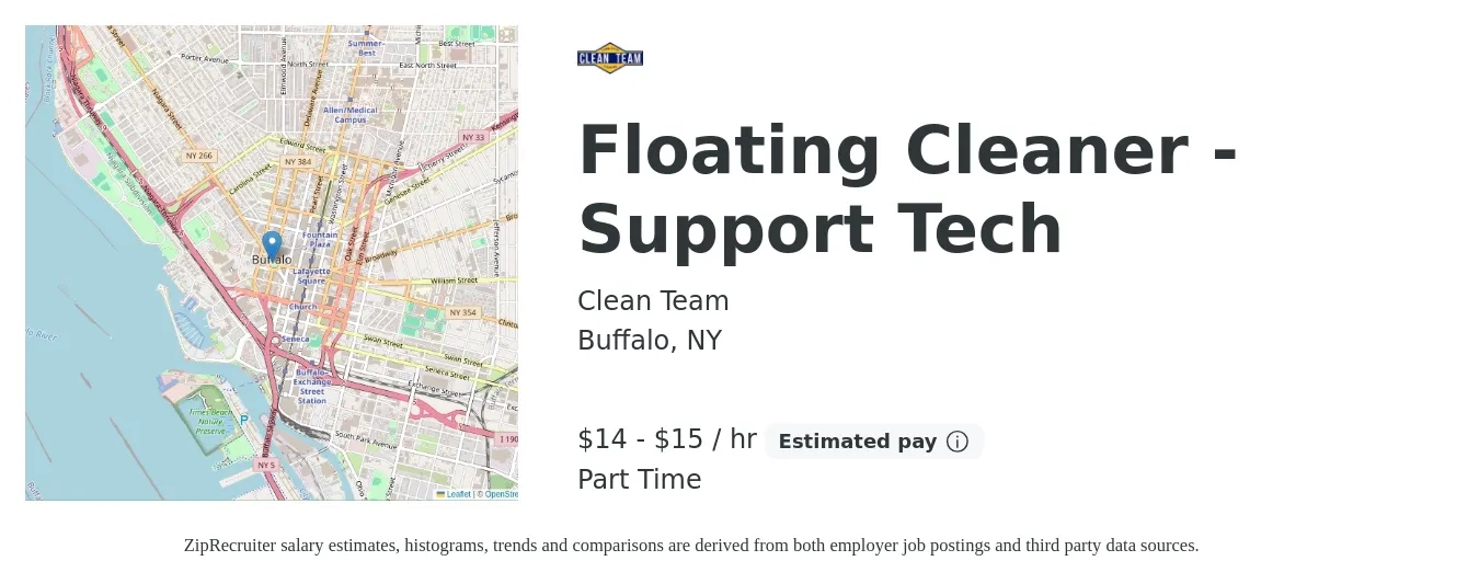Clean Team job posting for a Floating Cleaner - Support Tech in Buffalo, NY with a salary of $16 to $16 Hourly with a map of Buffalo location.