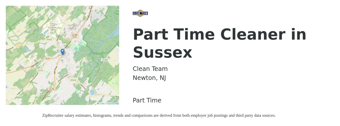 Clean Team job posting for a Part Time Cleaner in Sussex in Newton, NJ with a salary of $14 to $16 Hourly with a map of Newton location.