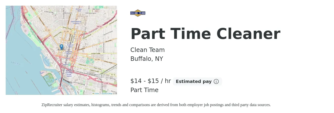 Clean Team job posting for a Part Time Cleaner in Buffalo, NY with a salary of $14 to $16 Hourly with a map of Buffalo location.