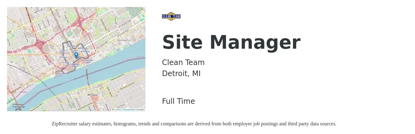 Clean Team job posting for a Site Manager in Detroit, MI with a salary of $49,500 to $119,800 Yearly with a map of Detroit location.