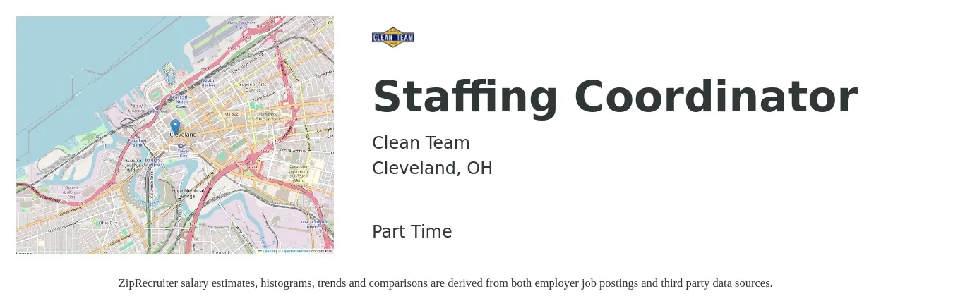 Clean Team job posting for a Staffing Coordinator in Cleveland, OH with a salary of $18 to $23 Hourly with a map of Cleveland location.