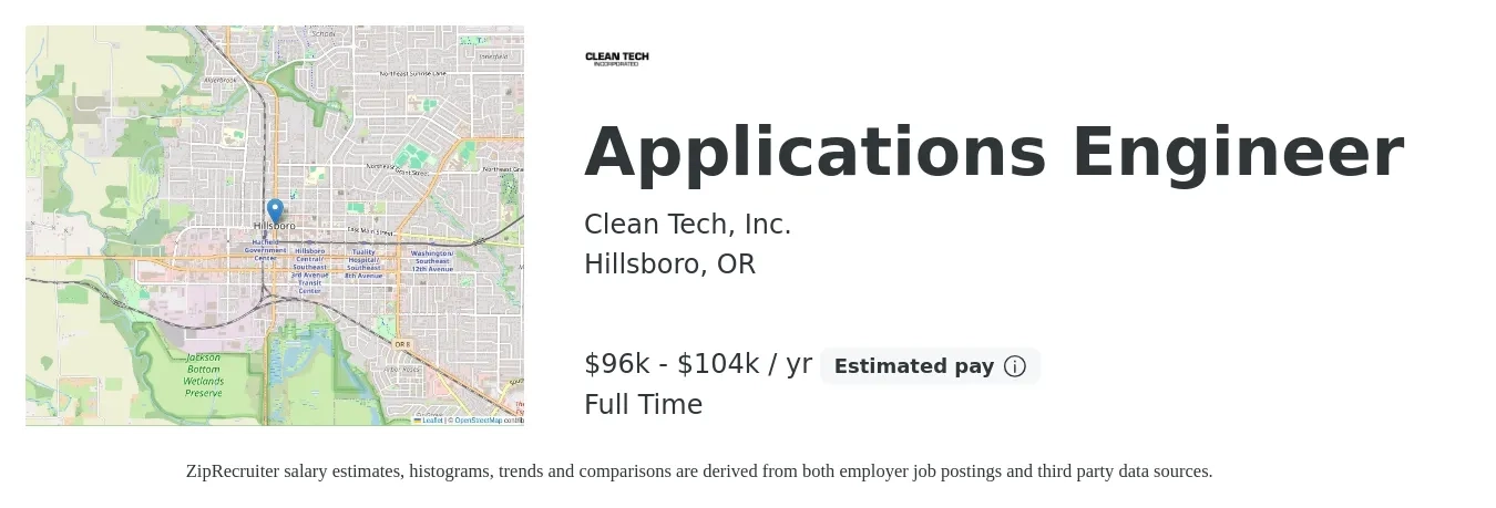 Clean Tech, Inc. job posting for a Applications Engineer in Hillsboro, OR with a salary of $96,800 to $104,300 Yearly with a map of Hillsboro location.