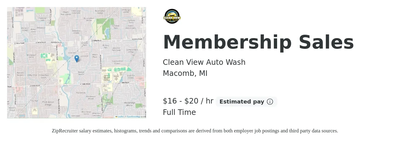 Clean View Auto Wash job posting for a Membership Sales in Macomb, MI with a salary of $15 to $19 Hourly with a map of Macomb location.