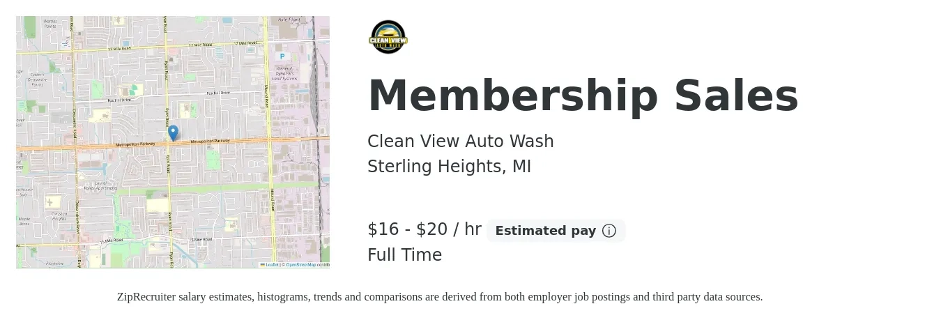 Clean View Auto Wash job posting for a Membership Sales in Sterling Heights, MI with a salary of $15 to $19 Hourly with a map of Sterling Heights location.