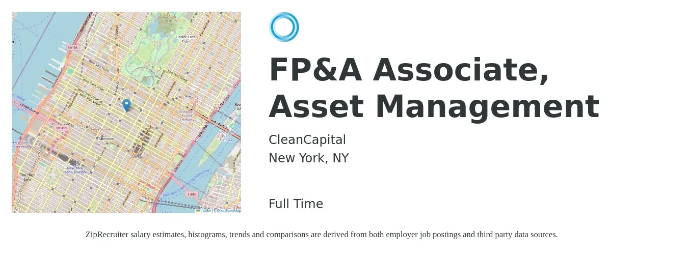 CleanCapital job posting for a FP&A Associate, Asset Management in New York, NY with a salary of $98,000 to $133,000 Yearly with a map of New York location.