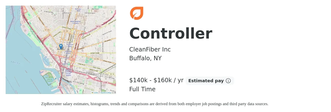 CleanFiber Inc job posting for a Controller in Buffalo, NY with a salary of $140,000 to $160,000 Yearly with a map of Buffalo location.