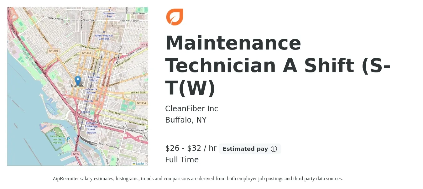 CleanFiber Inc job posting for a Maintenance Technician A Shift (S-T(W) in Buffalo, NY with a salary of $28 to $34 Hourly with a map of Buffalo location.