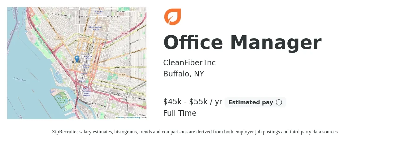 CleanFiber Inc job posting for a Office Manager in Buffalo, NY with a salary of $45,000 to $55,000 Yearly with a map of Buffalo location.