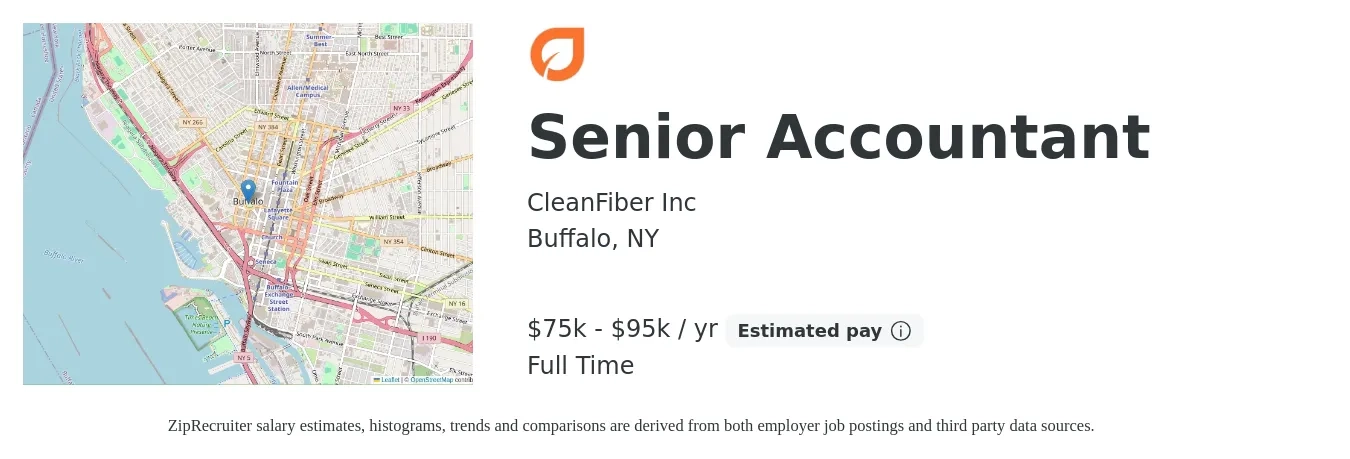 CleanFiber Inc job posting for a Senior Accountant in Buffalo, NY with a salary of $75,000 to $95,000 Yearly with a map of Buffalo location.