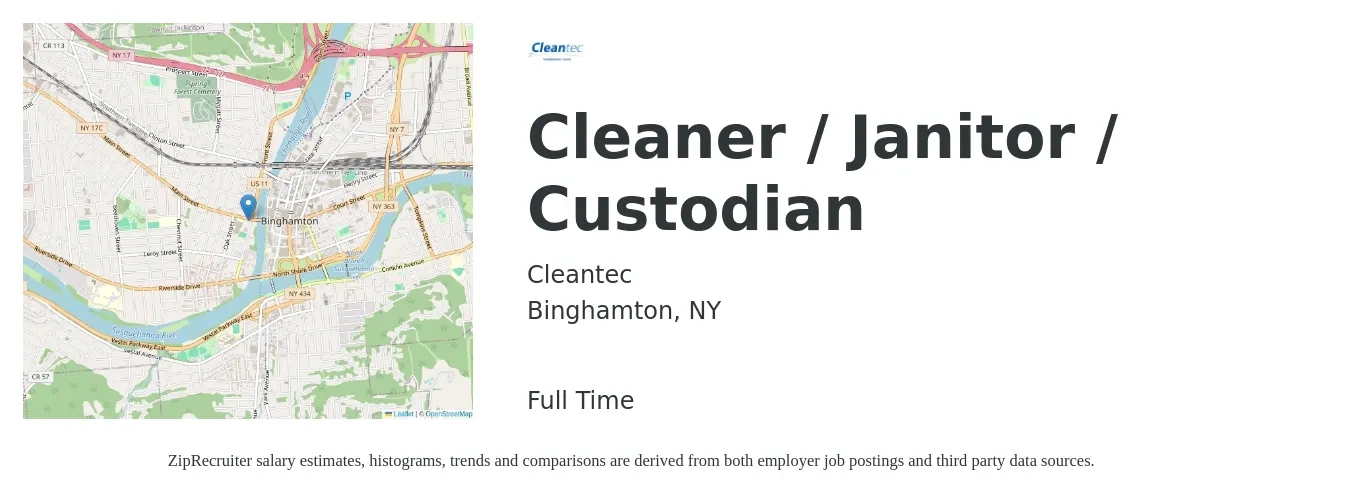 Cleantec job posting for a Cleaner / Janitor / Custodian in Binghamton, NY with a salary of $15 to $17 Hourly with a map of Binghamton location.