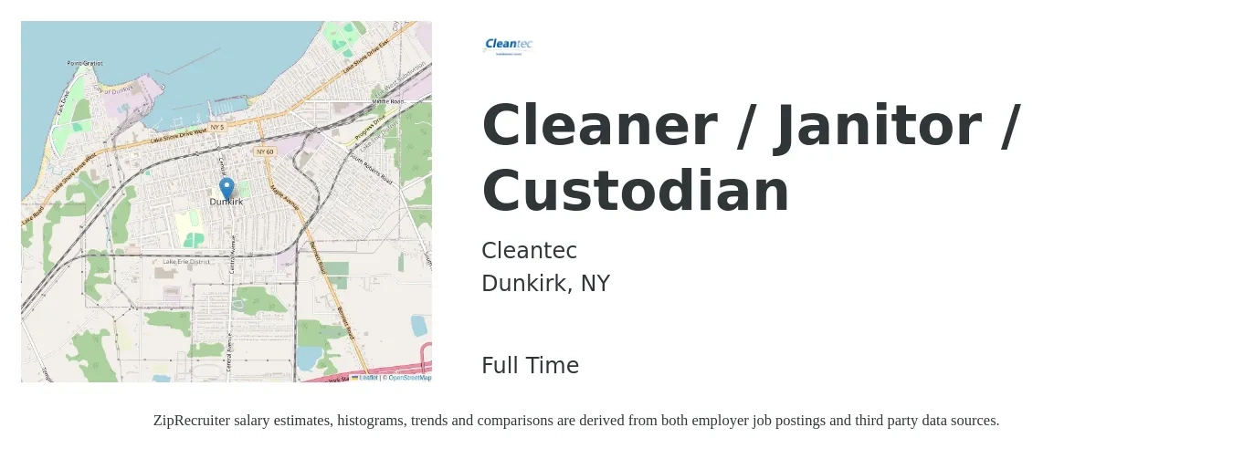 Cleantec job posting for a Cleaner / Janitor / Custodian in Dunkirk, NY with a salary of $15 to $19 Hourly with a map of Dunkirk location.