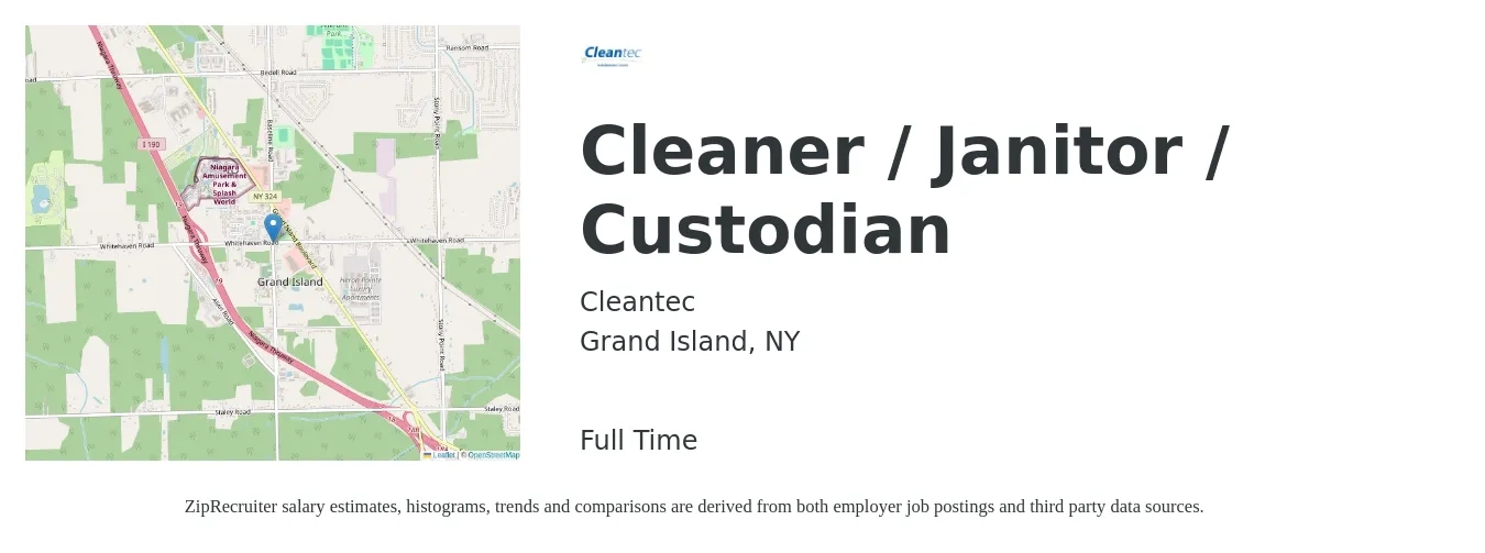 Cleantec job posting for a Cleaner / Janitor / Custodian in Grand Island, NY with a salary of $16 to $17 Hourly with a map of Grand Island location.