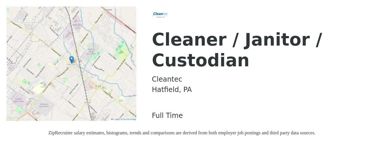 Cleantec job posting for a Cleaner / Janitor / Custodian in Hatfield, PA with a salary of $15 to $16 Hourly with a map of Hatfield location.