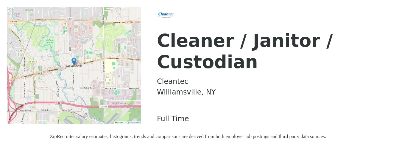 Cleantec job posting for a Cleaner / Janitor / Custodian in Williamsville, NY with a salary of $16 to $17 Hourly with a map of Williamsville location.