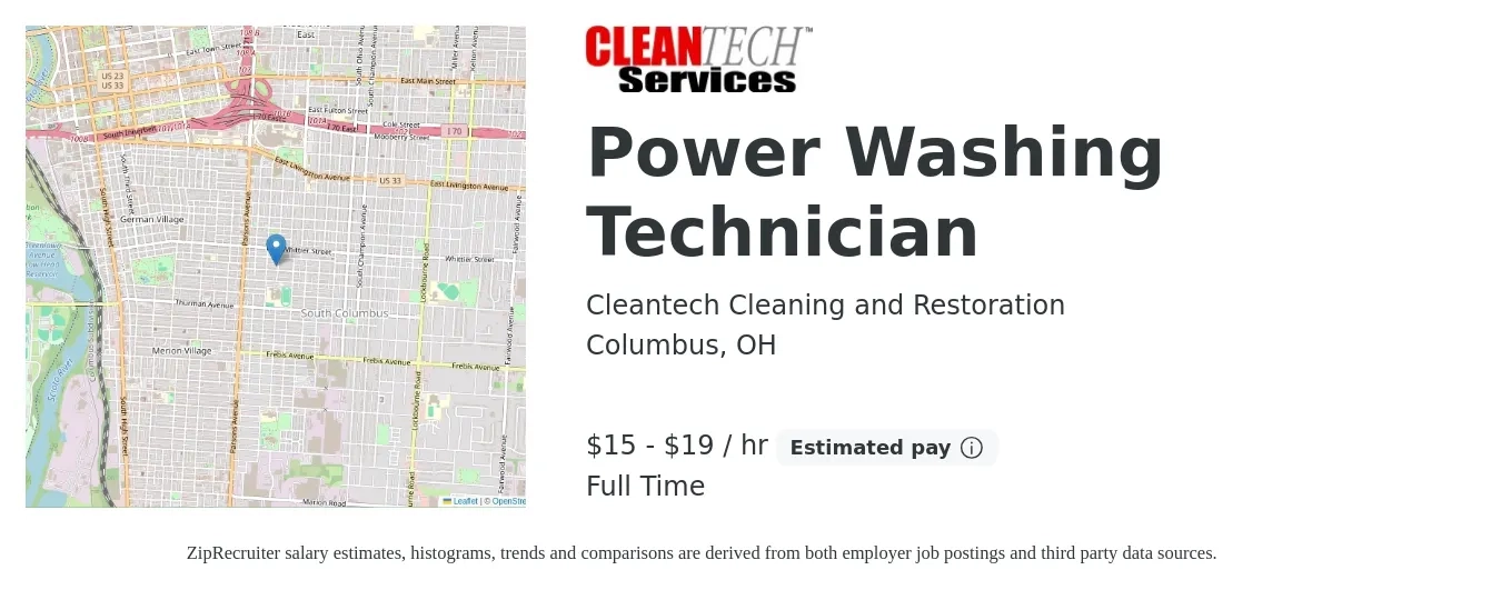 Cleantech Cleaning and Restoration job posting for a Power Washing Technician in Columbus, OH with a salary of $16 to $20 Hourly and benefits including retirement, and life_insurance with a map of Columbus location.