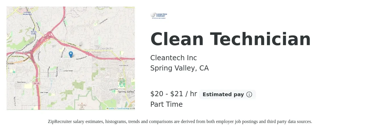 Cleantech Inc job posting for a Clean Technician in Spring Valley, CA with a salary of $21 to $22 Hourly with a map of Spring Valley location.